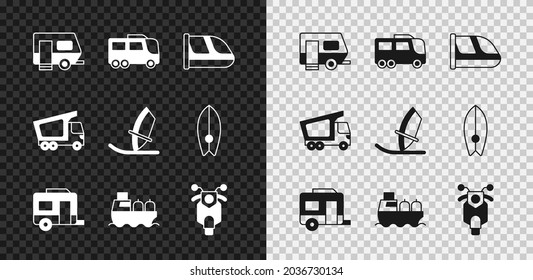 Set Rv Camping trailer, bus, tren y ferrocarril, barco petrolero, Scooter, camión de carga de reparto e icono del windsurf. Vector