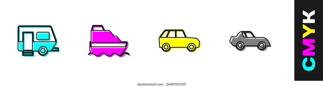 Set Rv Camping trailer, Cruise ship, Car and  icon. Vector