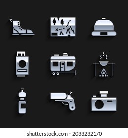 Set Rv Camping trailer, Flare gun pistol, Photo camera, Campfire and pot, Bottle of water, Passport with ticket, Beanie hat and Hiking boot icon. Vector