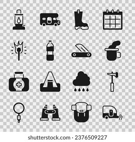 Set Rv Camping trailer, Hammer, Cup of tea, Waterproof rubber boot, Bottle water, Torch flame, lantern and Swiss army knife icon. Vector