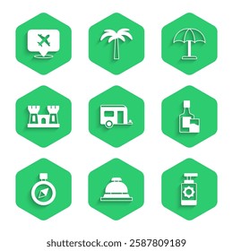 Set Rv Camping trailer, Hotel service bell, Sunscreen spray bottle, Whiskey and glass, Compass, Sand castle, protective umbrella and Speech bubble with airplane icon. Vector