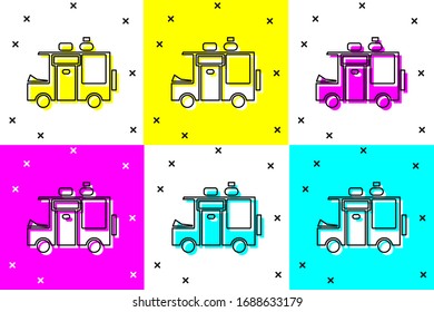 Set Rv Camping trailer icon isolated on color background. Travel mobile home, caravan, home camper for travel.  Vector Illustration