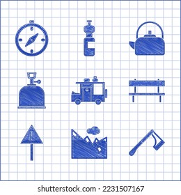 Set Rv Camping trailer, Mountains, Wooden axe, Bench, Exclamation mark triangle, gas stove, Kettle with handle and Compass icon. Vector