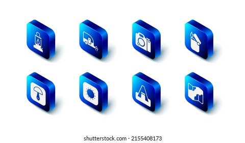 Set Rv Camping trailer, Photo camera, Lighter, and hiking on map, Tourist tent, Sun, Mushroom and lantern icon. Vector