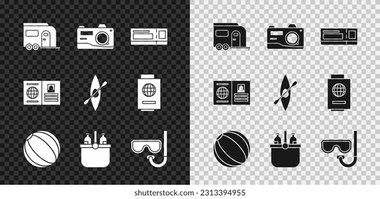 Set Rv Camping trailer, Photo camera, Travel ticket, Beach ball, Cooler bag and water, Diving mask snorkel, Passport and Kayak canoe paddle icon. Vector