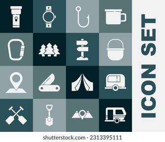 Set Rv Camping trailer, pot, Fishing hook, Forest, Carabiner, Flashlight and Road traffic signpost icon. Vector