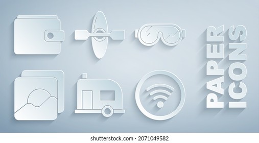 Set Rv Camping trailer, Ski goggles, Photo, Wi-Fi wireless internet network, Kayak canoe and Wallet icon. Vector