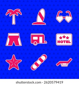 Set Rv Camping trailer, Snowboard, Sunbed and umbrella, Signboard with text Hotel, Starfish, Short or pants, Heart shaped love glasses and Tropical palm tree icon. Vector