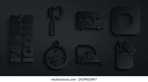 Set Rv Camping trailer, Sun, Compass, Lighter, RV motorhome vehicle and Wooden axe icon. Vector