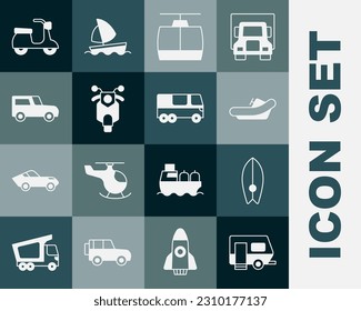 Set Rv Camping trailer, Surfboard, Rafting boat, Cable car, Scooter, Car,  and Bus icon. Vector
