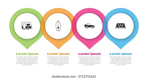 Set Rv Camping remolque, tabla de surf, coche y techo de coche de taxi. Plantilla de infografía de negocios. Vector