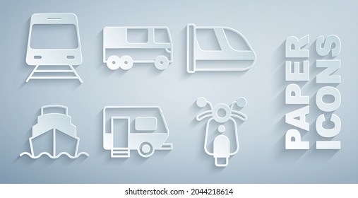Set Rv Camping trailer, Train and railway, Cruise ship, Scooter, Bus and  icon. Vector