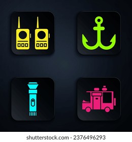 Set Rv Camping trailer, Walkie talkie, Flashlight and Anchor. Black square button. Vector