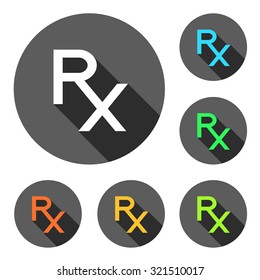 Set of Rx icons. Rx sign as a prescription symbol. Flat style design with long shadows. Pharmacy and medicine.