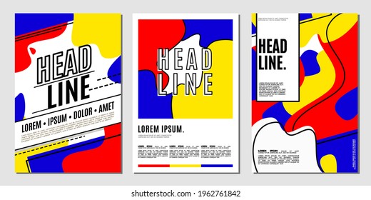 Set Of RYB Abstract Poster Layout. Modern Fluid Shape Background. Mondrian Red Yellow And Blue Color With Lines.