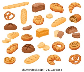 Un conjunto de pan de centeno y trigo, un icono de panadería, pan fresco en rodajas. Rollos frescos y pan para tostadas. Vector aislado en fondo blanco