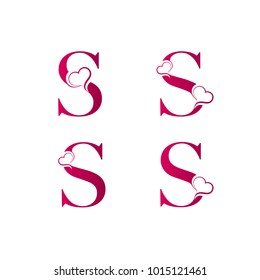 Set of S letter logos with heart icon, valentines day concept