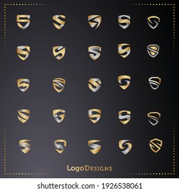 set of S letter with shield , luxury logo design isolated on black background