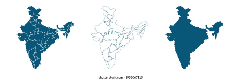 Set of s political maps of India with regions isolated on white