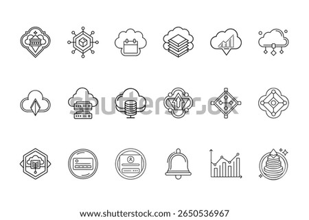 Set Saa S cloud computing icons in outline style depicting various data technology concepts