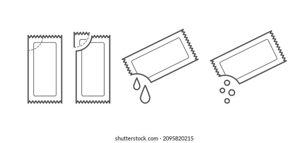 Set of sachet icons. Stick packaging template for sugar, pepper, souse, medicine, tissue and food. Vector