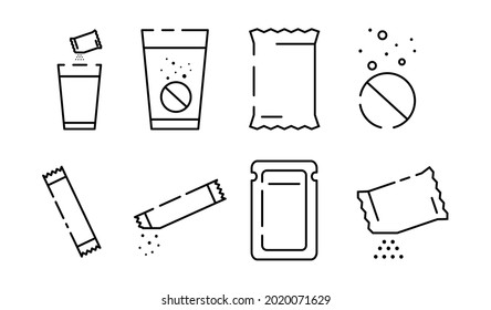Set of sachet line icons on white background. Icons of sugar powder packet, soluble pill, effervescent effect outline pictogram for medicine. Flat cartoon vector illustration