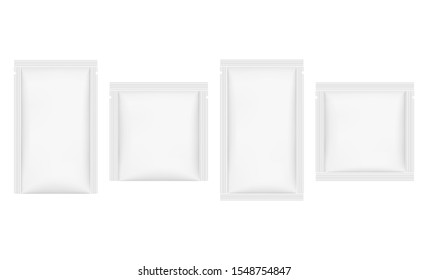 Set of sachet mockups isolated on white background. Vector illustration