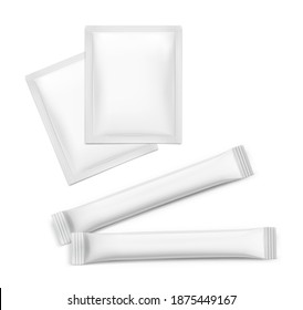 Set of sachets and sticks mockups. Front view. Vector illustration isolated on white background. Can be use for food, medicine, cosmetic and etc. Ready for your design. EPS10.