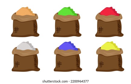A set of sacks with Indian spices of different colors. Ingredients for food and herbs plants in bags icons. Cartoon powder in bags isolated on white background collection vector illustration.