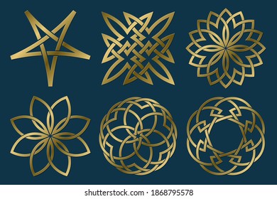 Set of sacred geometric symbols. Golden vector clip art collection. Isolated logo templates.