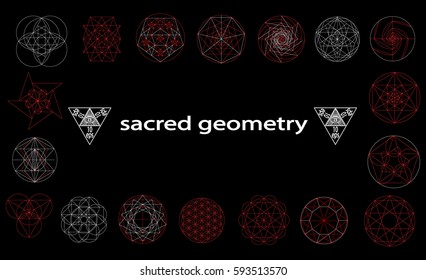 Set sacred geometry abstract elements vector set isolated on black background