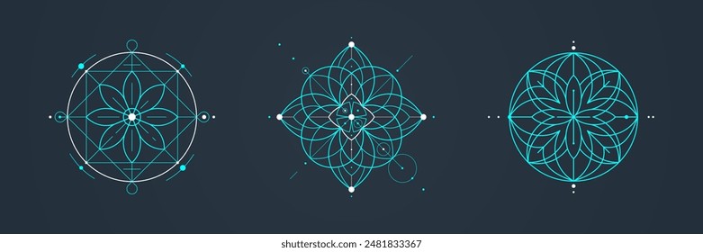 Conjunto de diseños de geometría sagrada con motivos florales intrincados, líneas cian sobre fondo oscuro aislado. Diseño único con patrones simétricos, Formas geométricas, estética mística moderna