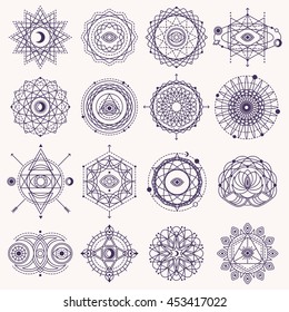 Set of Sacred Geometry Forms with Eye, Moon and Sun Isolated on White. Vector illustration. Geometric Logo Design, Spirograph Lines. Alchemy Symbol, Occult and Mystic Sign.