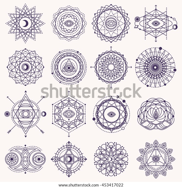 Set of Sacred\
Geometry Forms with Eye, Moon and Sun Isolated on White. Vector\
illustration. Geometric Logo Design, Spirograph Lines. Alchemy\
Symbol, Occult and Mystic\
Sign.