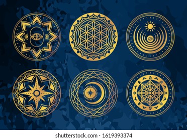 Set of Sacred Geometry golden forms with frame on blue background. Vector shapes