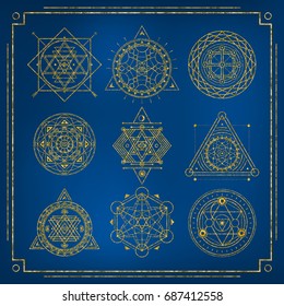 Set of Sacred Geometry golden forms with frame on blue background