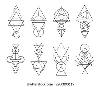 Set of sacred geometry linear shapes. Magical and mystical ornaments, decorative elements, doodle outline esoteric signs symbols for Tattoo, Mehendi and printing. Abstract mysterious shapes collection