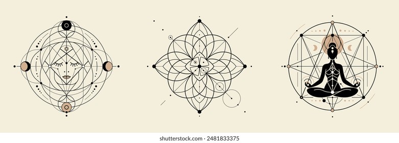 Set sacred geometry logo. Black line art with thin line on light isolated background. Meditative Face, Floral, Meditating Figure