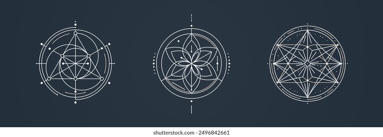 Set of sacred geometry logo featuring intricate thin lines. Floral and star shape. Mystical aesthetic. Vector illustration for logo, tattoo, print design