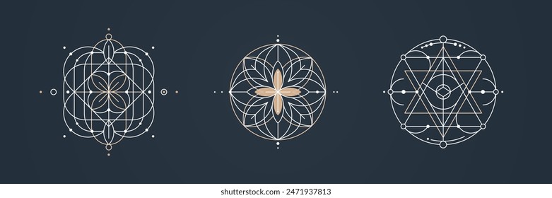 Set of sacred geometry logos. Symmetrical thin lines on dark isolated background with floral and star