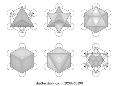 Set of Sacred Geometry. Merkaba, Metatron's Cube, Platonic Solids, Tetrahedron, Star Tetrahedron, Icosahedron, Cuboctahedron, Octahedron, Dodecahedron. Transparent background