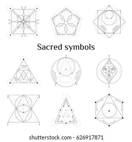 Set of Sacred Geometry symbols and elements. Vector illustration. Geometric Logo Design, Spirograph Lines. Alchemy, religion, philosophy, spirituality, hipster Symbol. Occult and Mystic Sign.