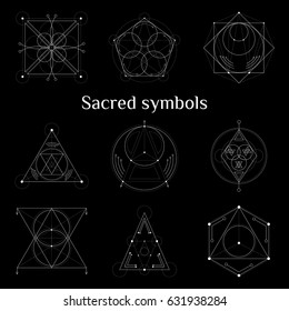 Set of Sacred Geometry symbols and elements. Vector illustration. Geometric Logo Design, Spirograph Lines. Alchemy, religion, philosophy, spirituality, hipster Symbol. Occult and Mystic Sign.