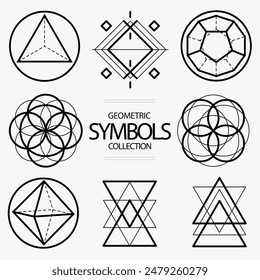 Set of sacred geometry symbols or icons, spiritual design elements for yoga meditation. Elements of the new age, alchemy, mystical art.