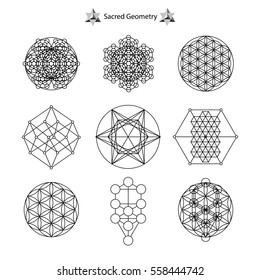 Set sacred geometry vector design elements. Abstract geometric shapes, futuristic wavy fractal of star and circle.Good design for textile t-shirt print, flyer and poster background.Philosophy symbols.