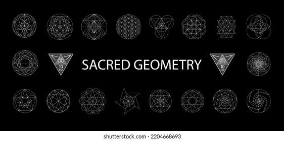 Set of sacred geometry. Vector Illustration isolated on white. Sacred geometry. White lines on a black background