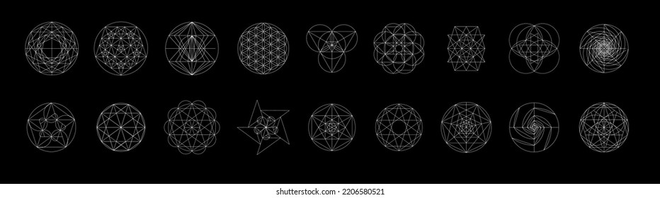 Set of sacred geometry. Vector Illustration isolated on white. Sacred geometry. White lines on a black background