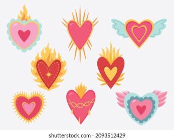 Set of sacred hearts. Collection of gothic sacred mexican heart  for Valentine's Day. A symbol of passion and love. Tattoo. Vector illustration isolated on white background.