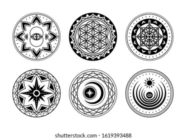 Set of Sacred Mystical Symbols. Vector Black Geometric Shapes on white. Magic Esoteric Signs