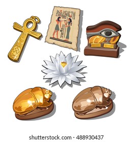 A set of sacred symbols and artifacts of ancient Egypt isolated on a white background. Vector illustration.